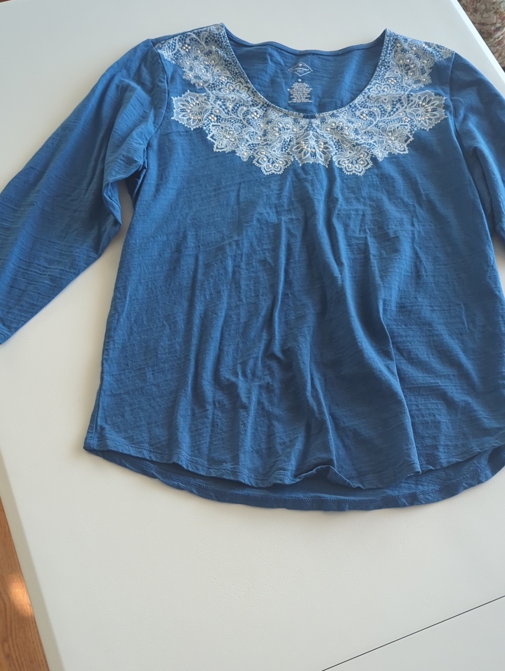 Blue Women's Long-Sleeve Top with White Lace Yoke